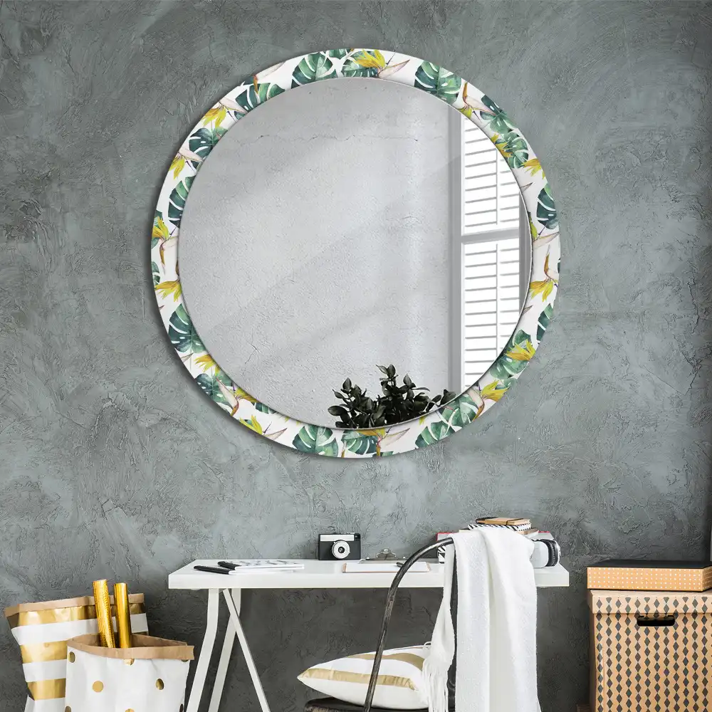 Miroir rond cadre imprimé feuilles tropicales