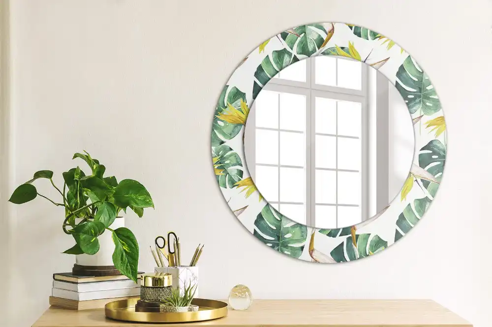 Miroir rond cadre imprimé feuilles tropicales