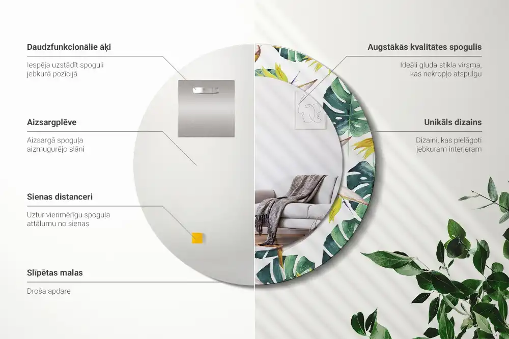Miroir rond cadre imprimé feuilles tropicales