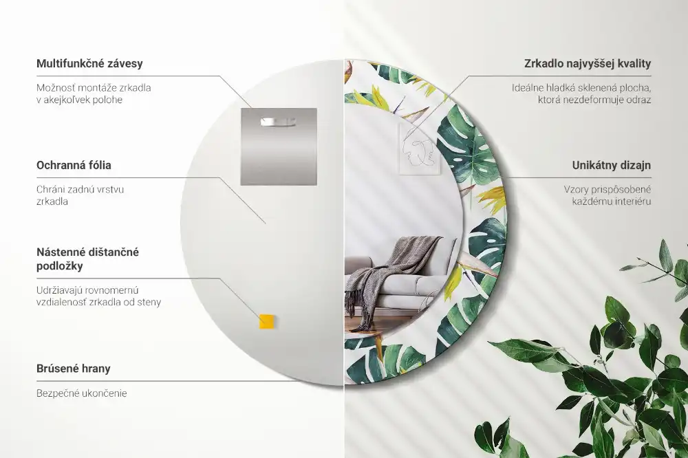 Miroir rond cadre imprimé feuilles tropicales