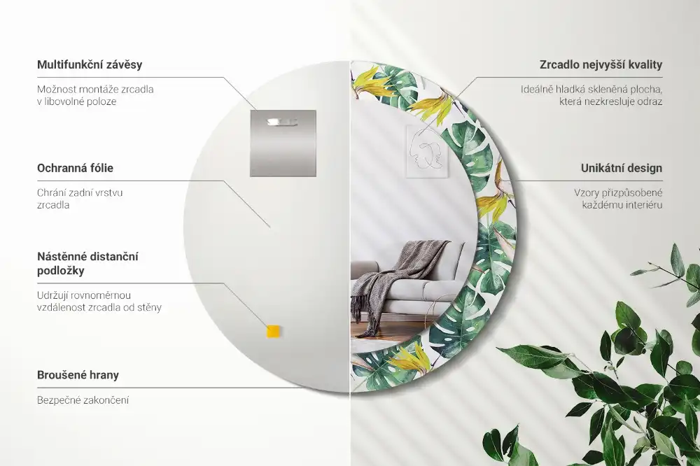 Miroir rond cadre imprimé feuilles tropicales
