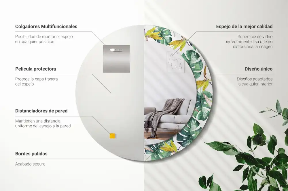 Miroir rond cadre imprimé feuilles tropicales