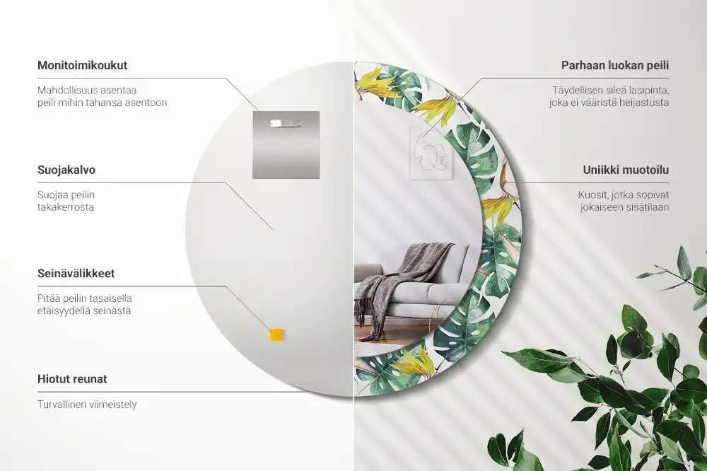 Miroir rond cadre imprimé feuilles tropicales