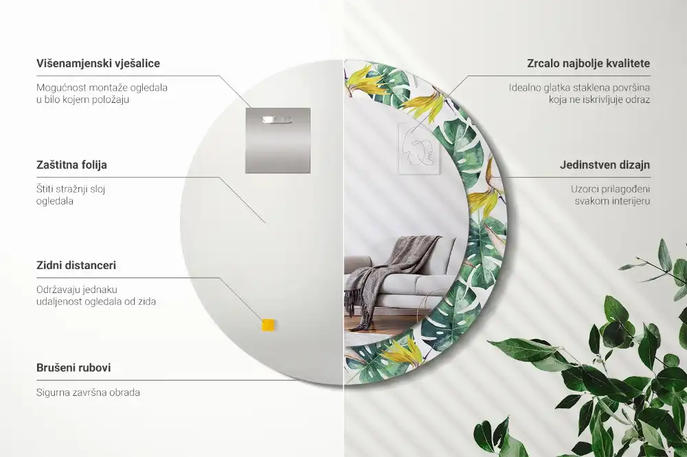 Miroir rond cadre imprimé feuilles tropicales