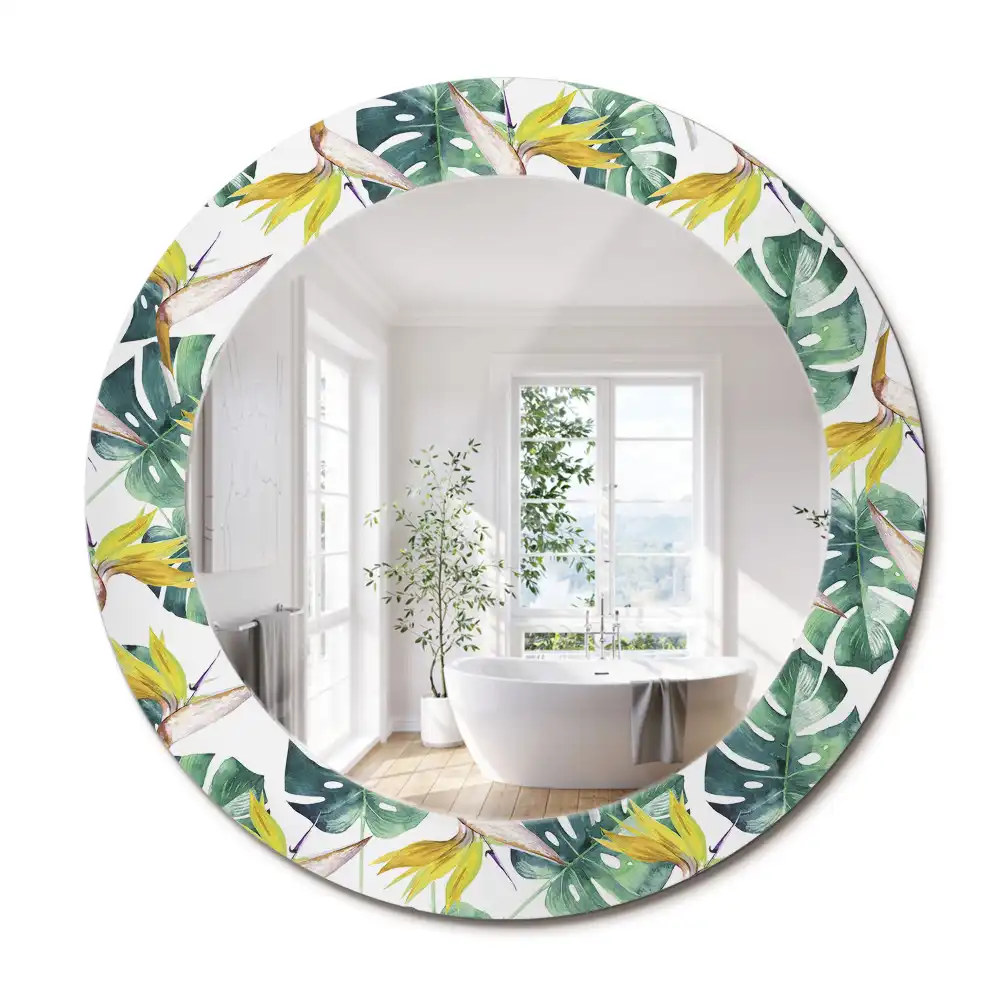 Miroir rond cadre imprimé feuilles tropicales