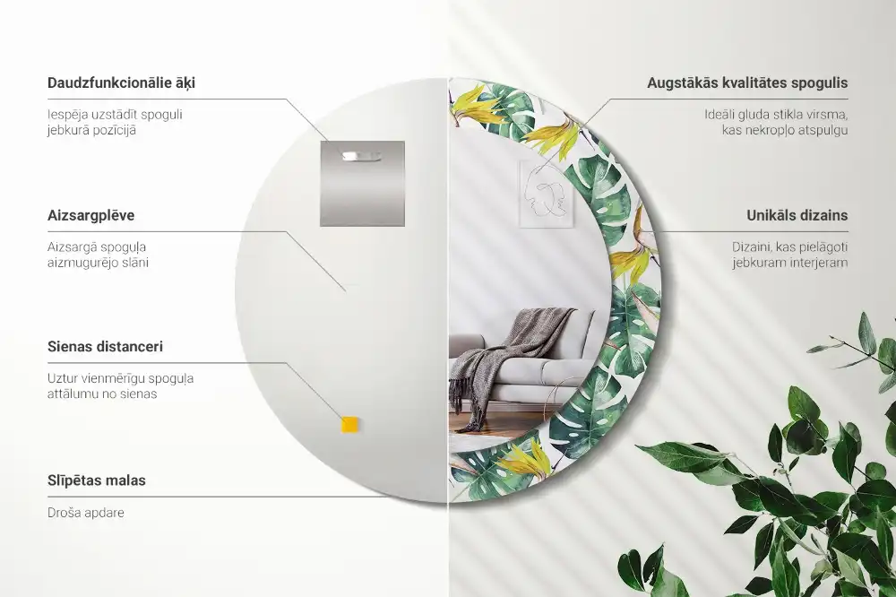 Miroir rond cadre imprimé feuilles tropicales