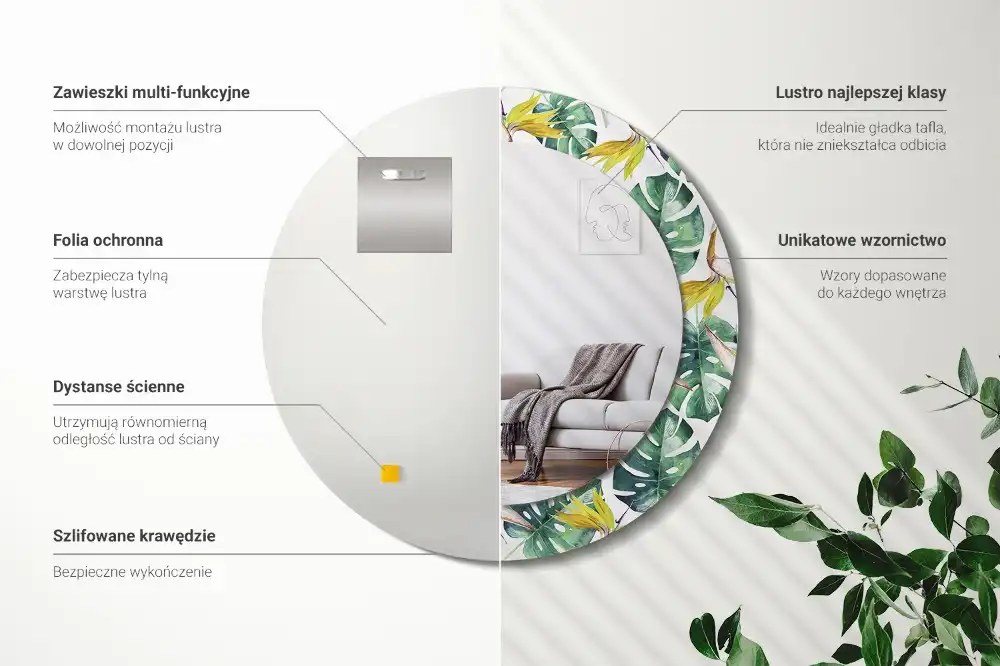 Miroir rond cadre imprimé feuilles tropicales