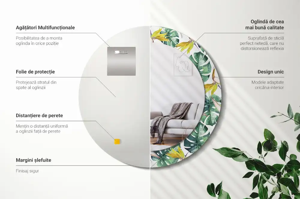 Miroir rond cadre imprimé feuilles tropicales