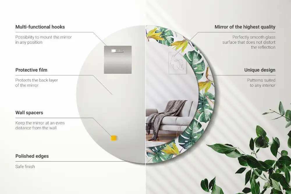 Miroir rond cadre imprimé feuilles tropicales