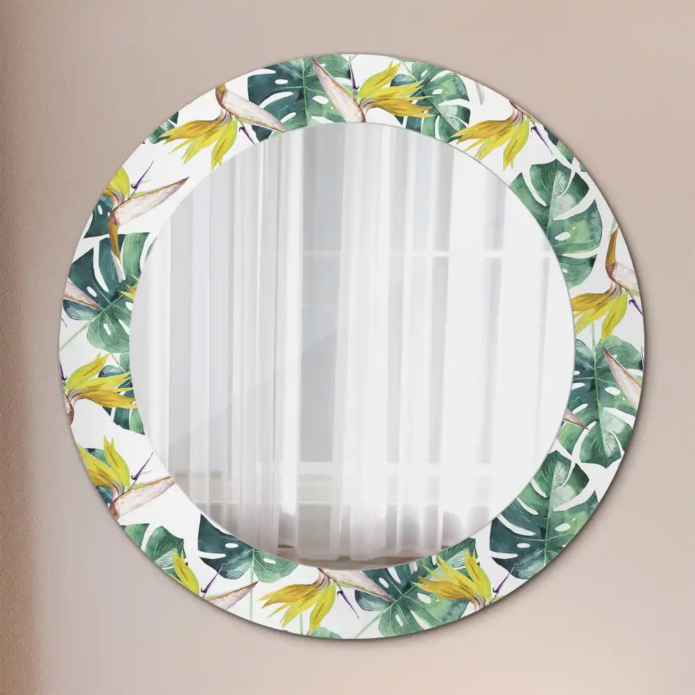 Miroir rond cadre imprimé feuilles tropicales