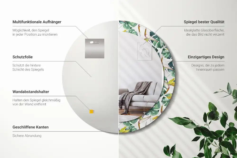 Miroir rond cadre imprimé feuilles tropicales