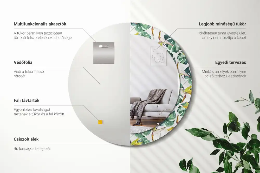 Miroir rond cadre imprimé feuilles tropicales