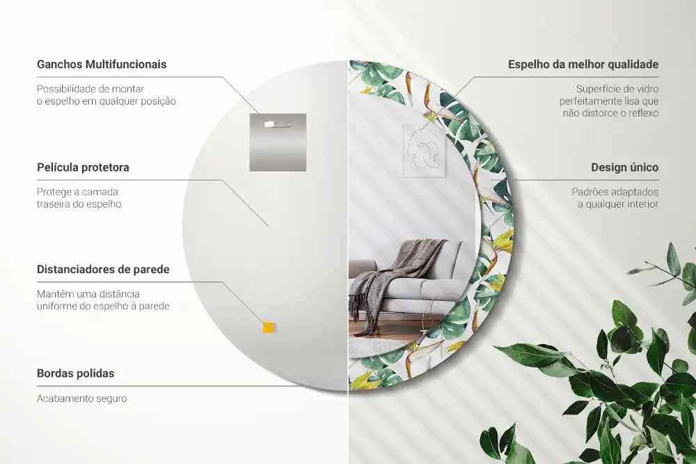 Miroir rond cadre imprimé feuilles tropicales