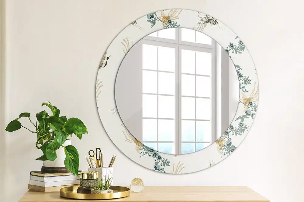 Miroir rond avec décoration oiseaux de style chinois