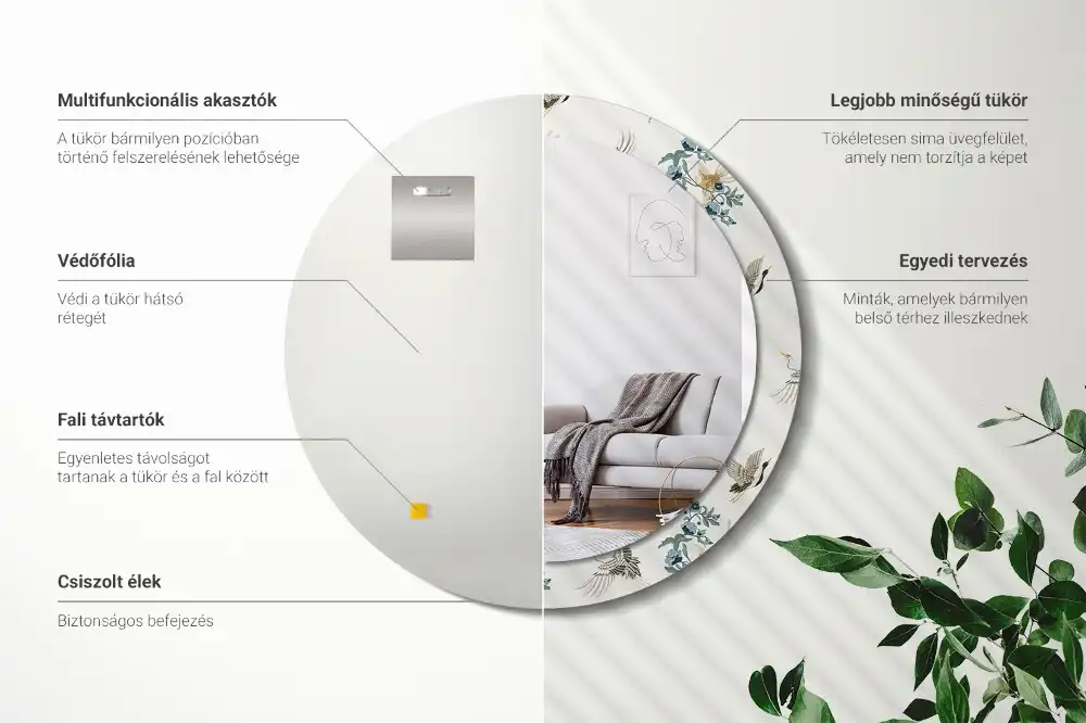 Miroir rond avec décoration oiseaux de style chinois