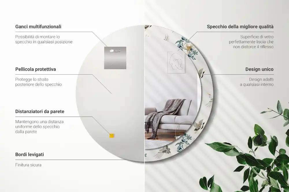 Miroir rond avec décoration oiseaux de style chinois