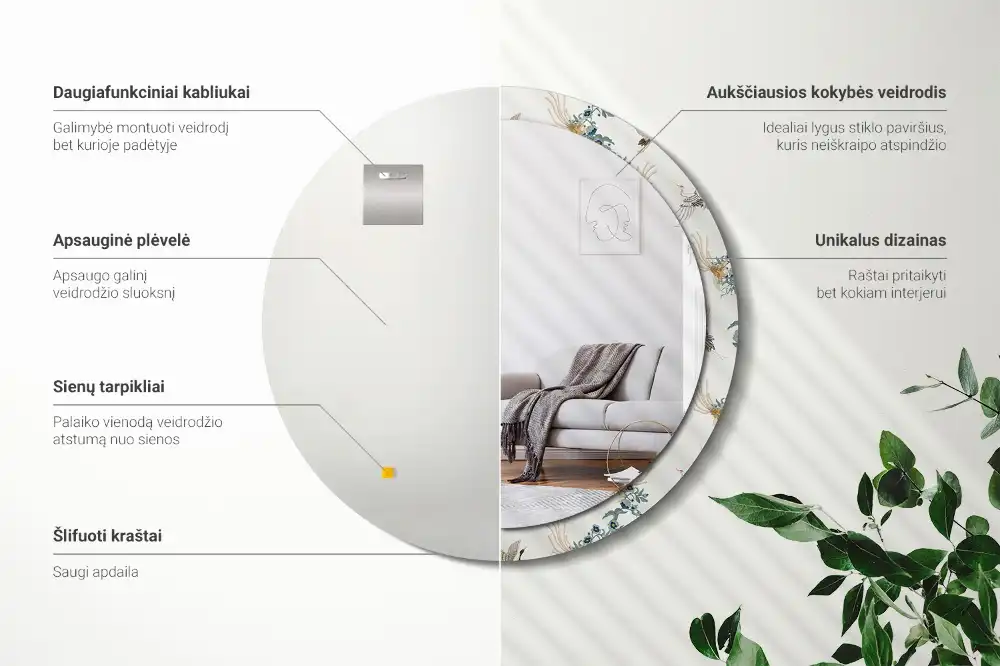Miroir rond avec décoration oiseaux de style chinois