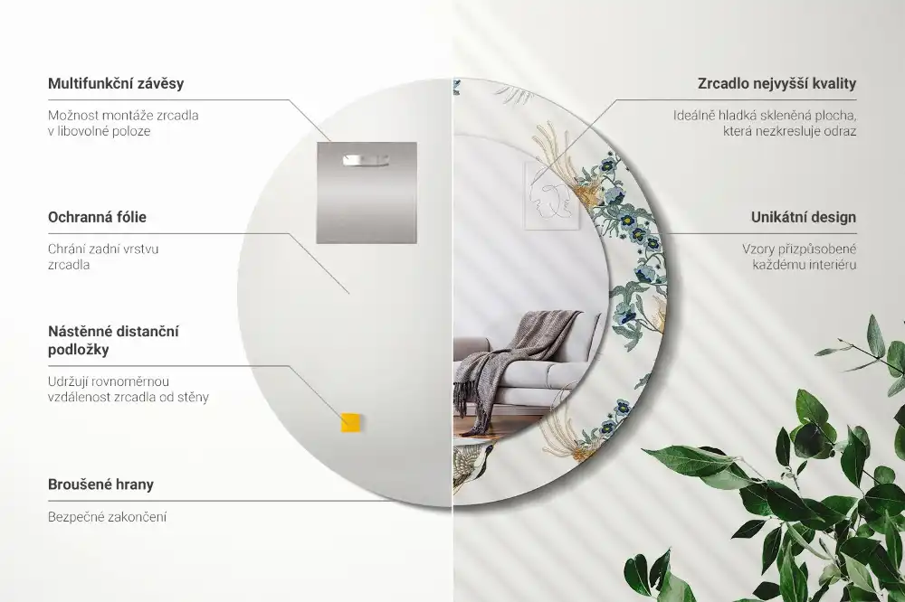 Miroir rond avec décoration oiseaux de style chinois