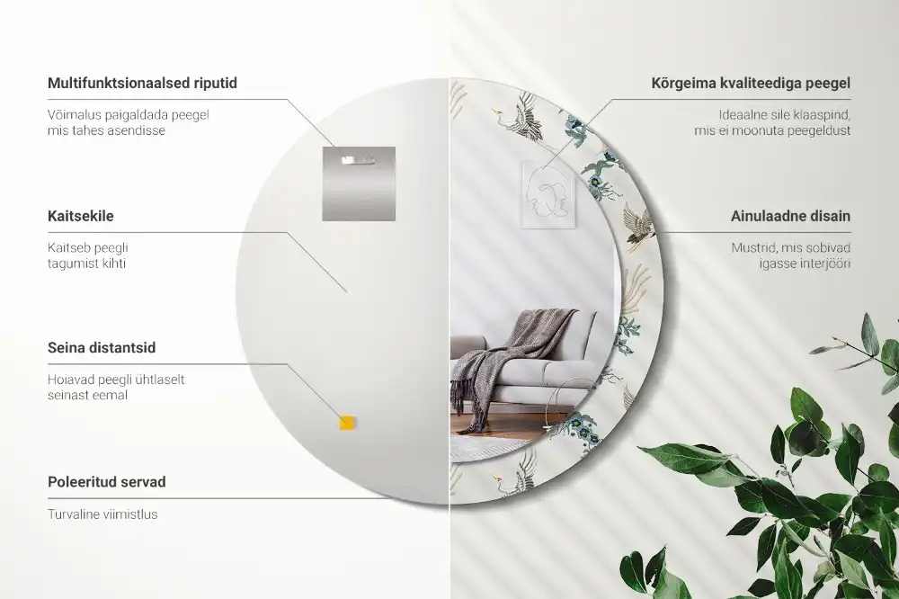 Miroir rond avec décoration oiseaux de style chinois