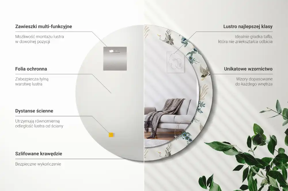 Miroir rond avec décoration oiseaux de style chinois