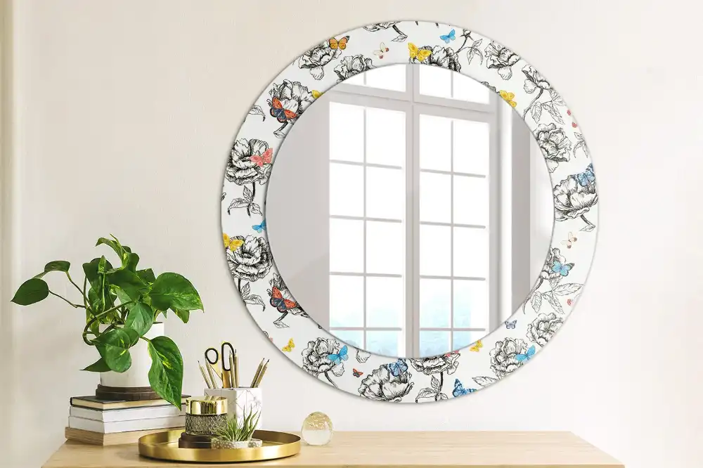 Miroir rond cadre avec impression papillons colorés