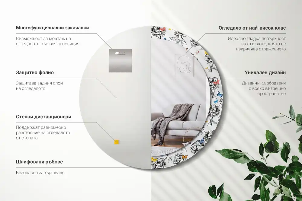 Miroir rond cadre avec impression papillons colorés