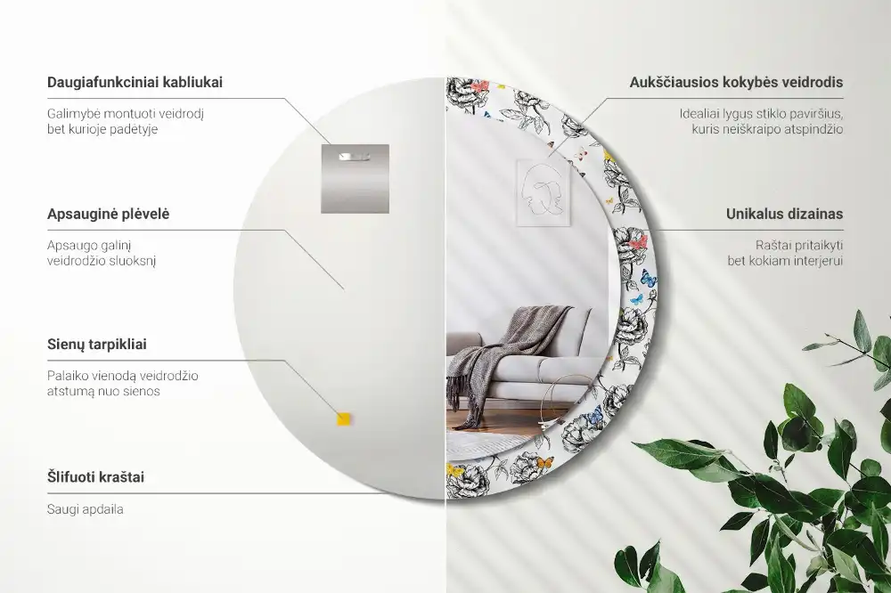 Miroir rond cadre avec impression papillons colorés