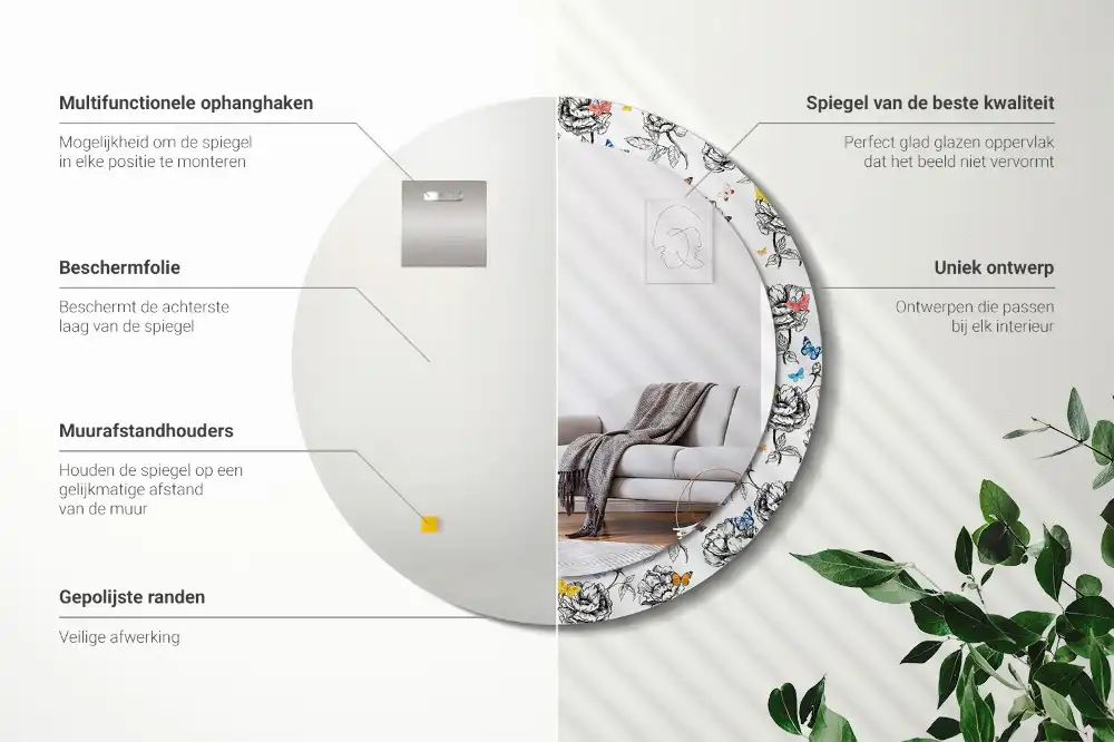 Miroir rond cadre avec impression papillons colorés