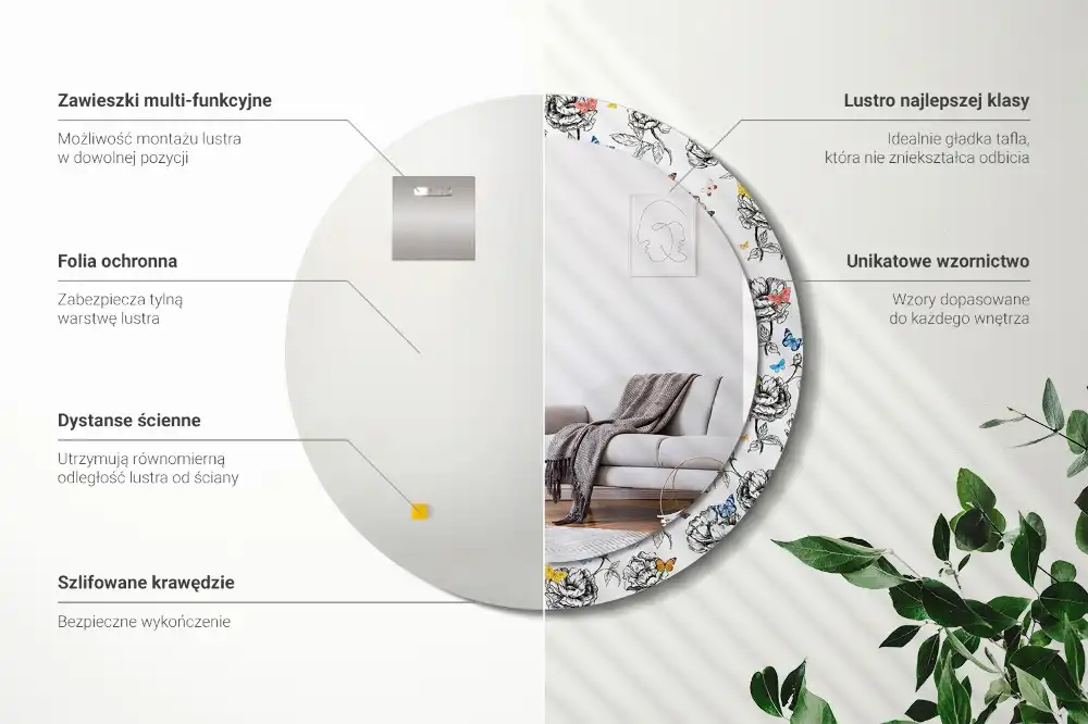 Miroir rond cadre avec impression papillons colorés
