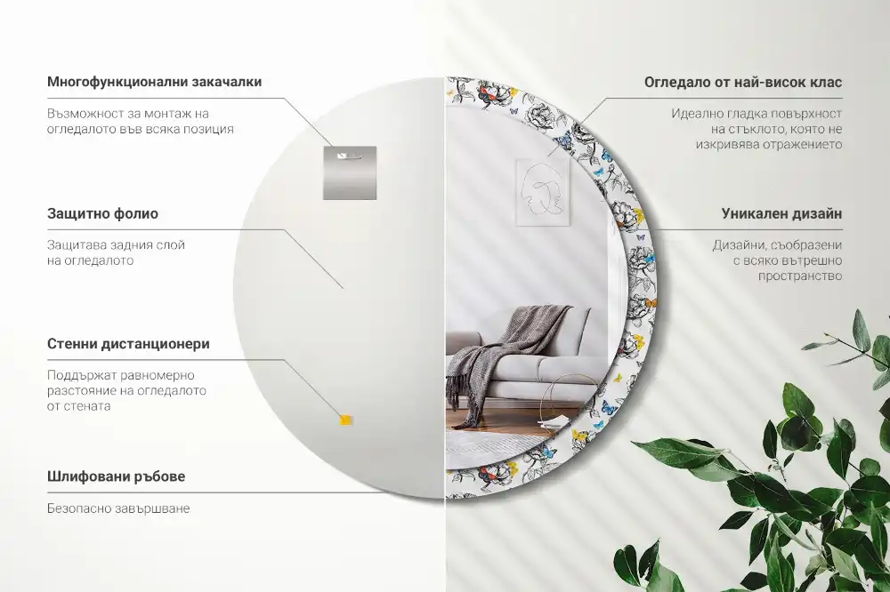 Miroir rond cadre avec impression papillons colorés