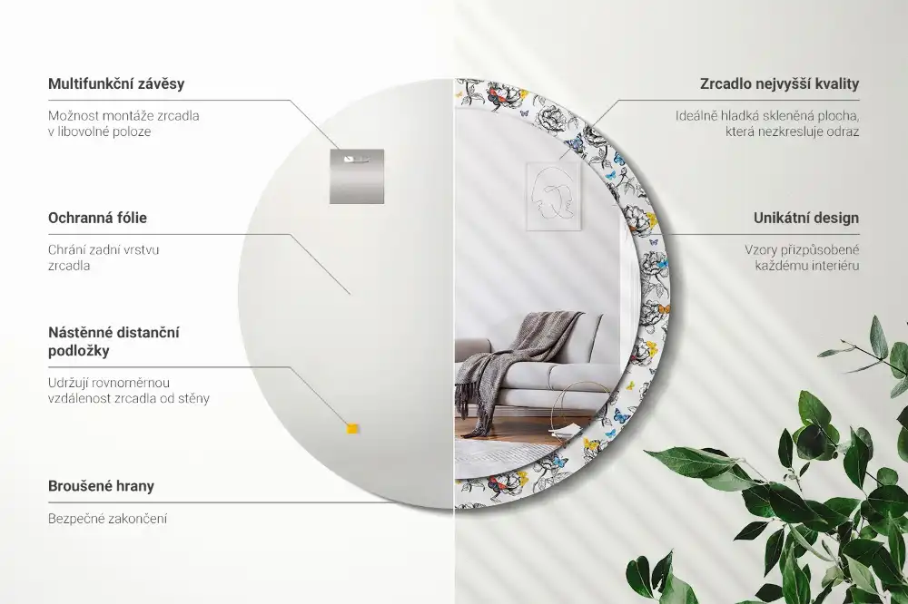 Miroir rond cadre avec impression papillons colorés