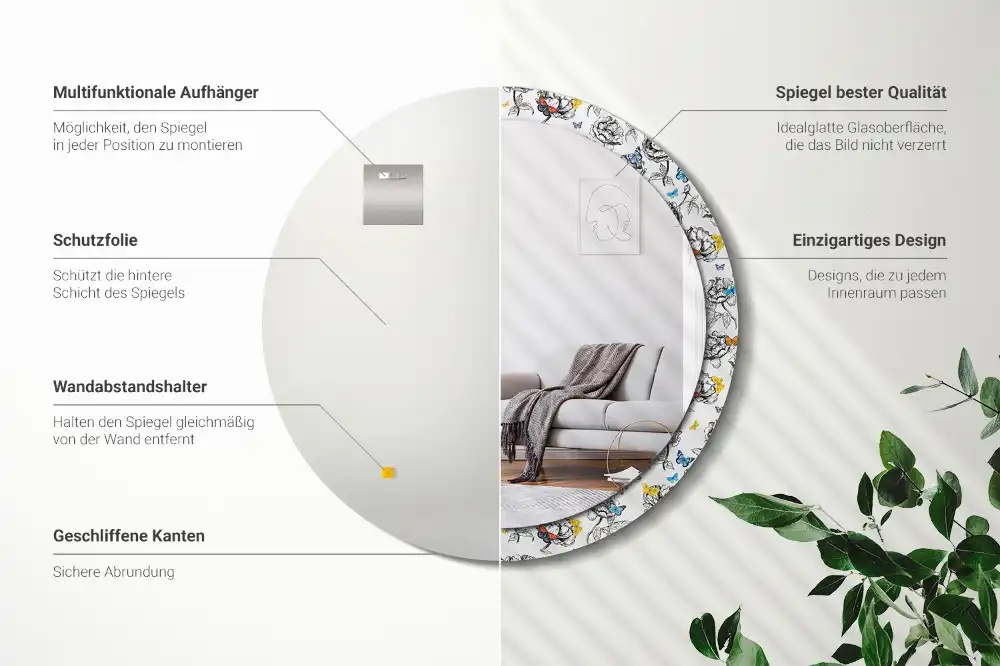 Miroir rond cadre avec impression papillons colorés