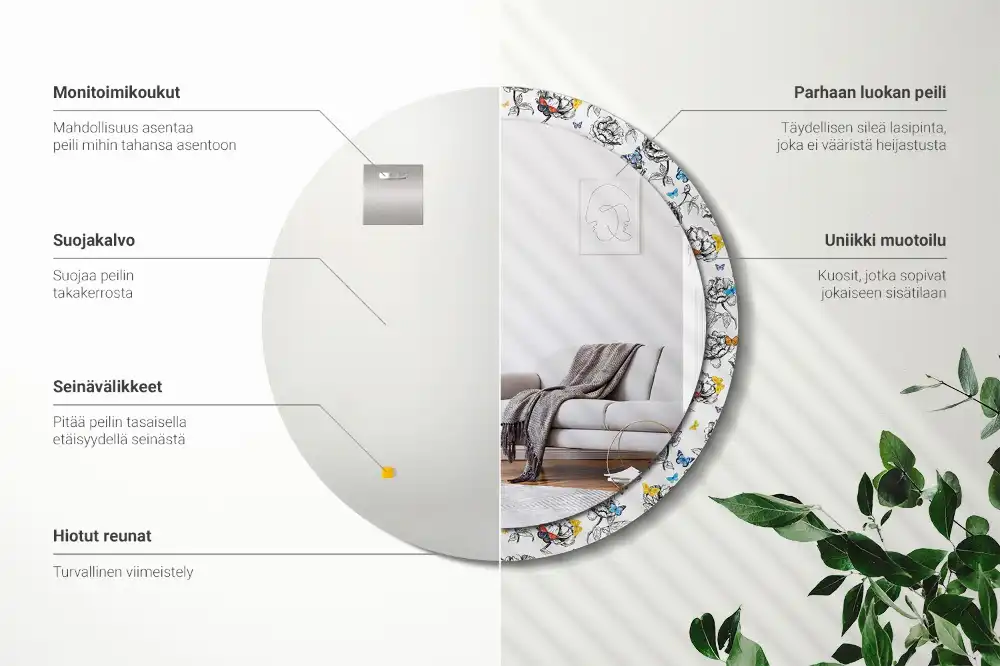 Miroir rond cadre avec impression papillons colorés