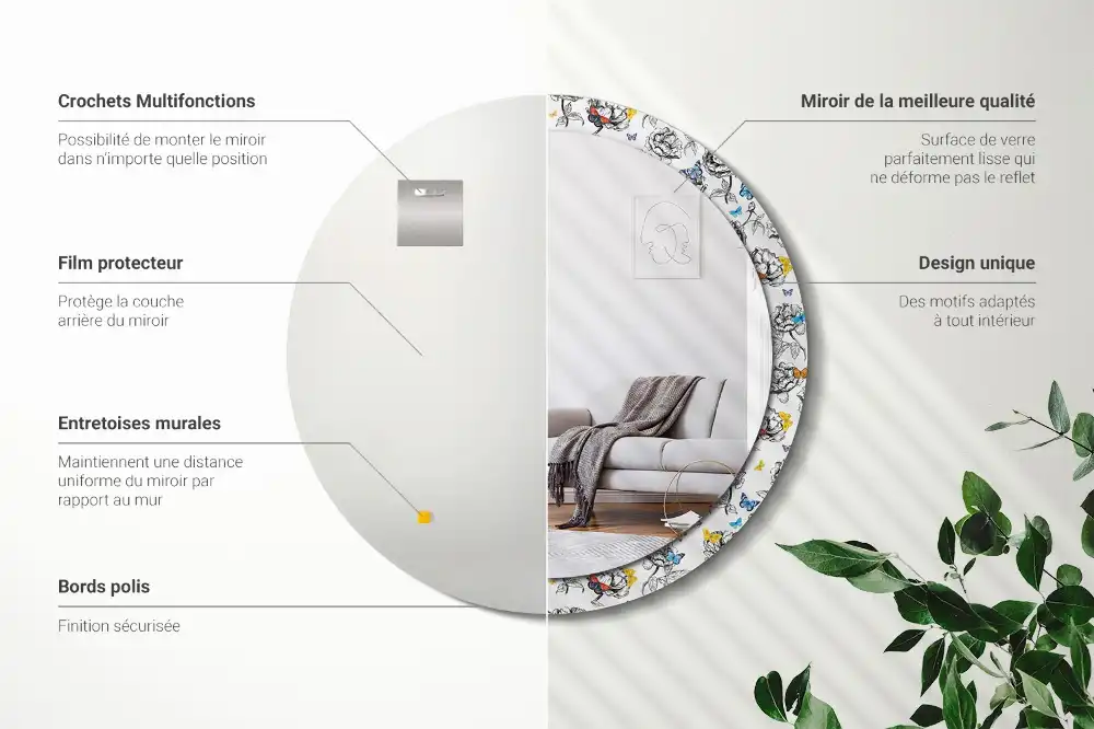 Miroir rond cadre avec impression papillons colorés