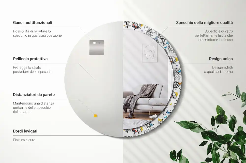 Miroir rond cadre avec impression papillons colorés