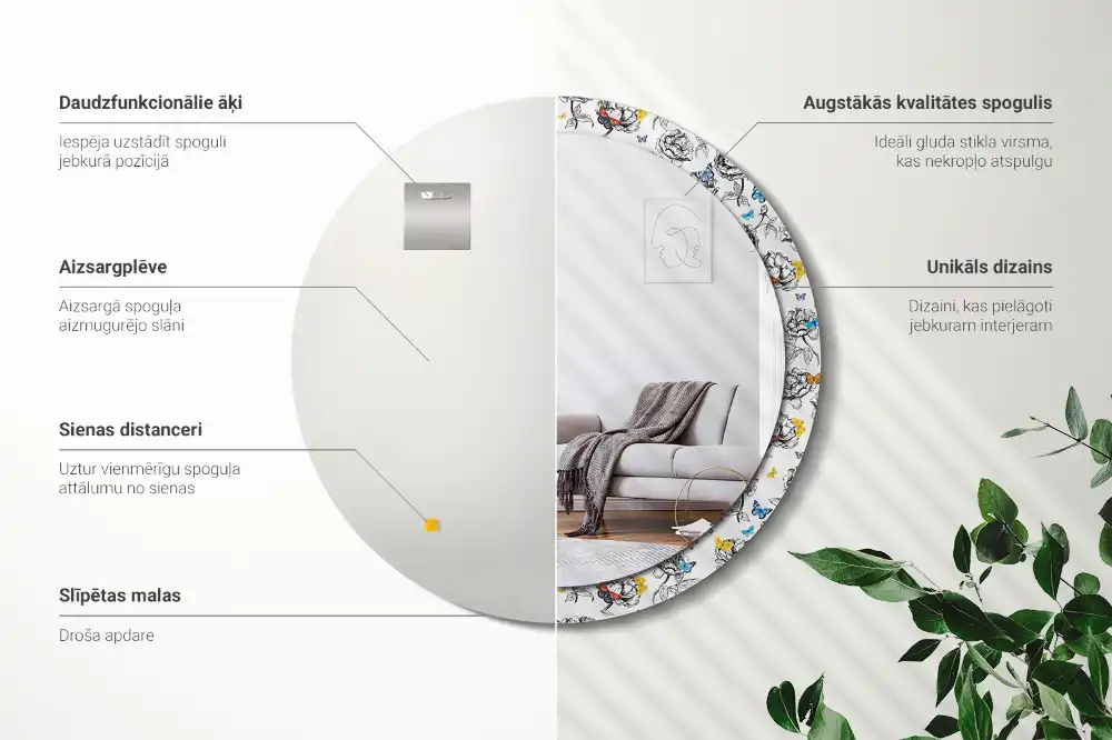 Miroir rond cadre avec impression papillons colorés