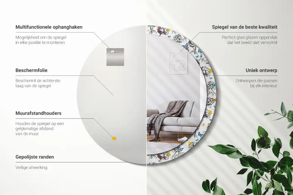 Miroir rond cadre avec impression papillons colorés