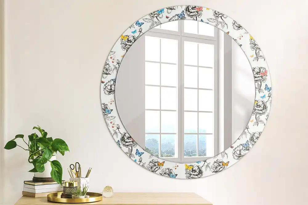 Miroir rond cadre avec impression papillons colorés