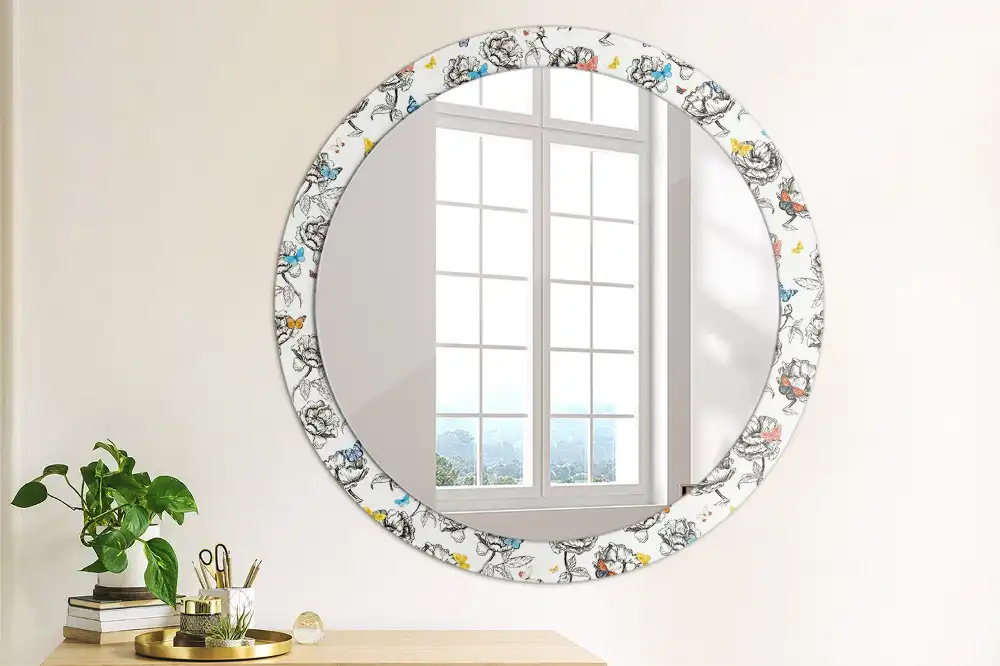 Miroir rond cadre avec impression papillons colorés
