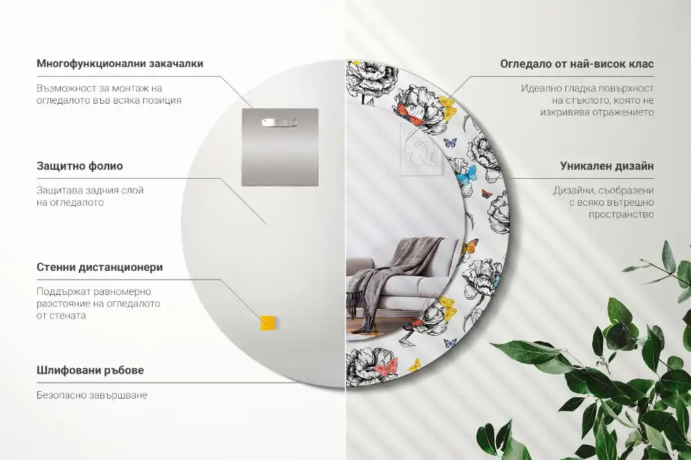 Miroir rond cadre avec impression papillons colorés