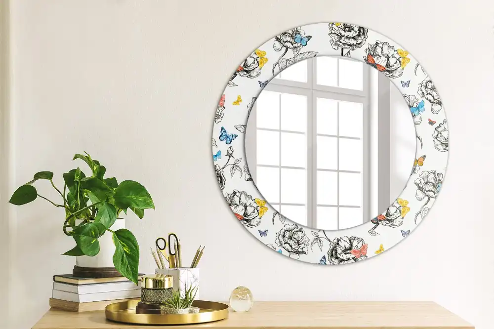 Miroir rond cadre avec impression papillons colorés