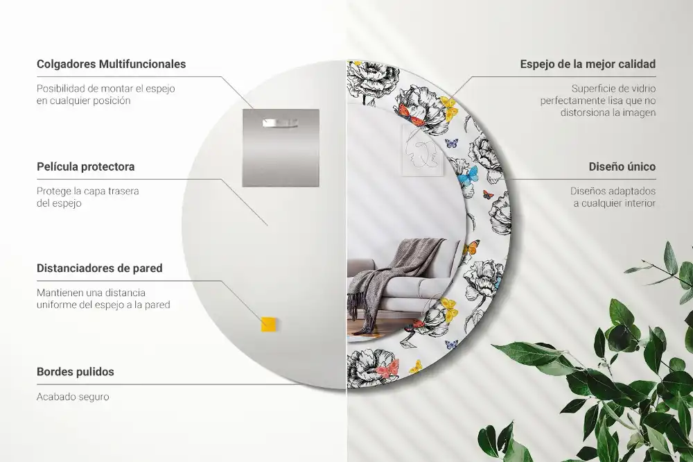 Miroir rond cadre avec impression papillons colorés