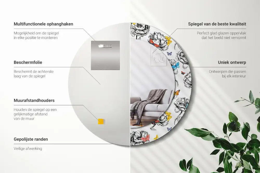Miroir rond cadre avec impression papillons colorés