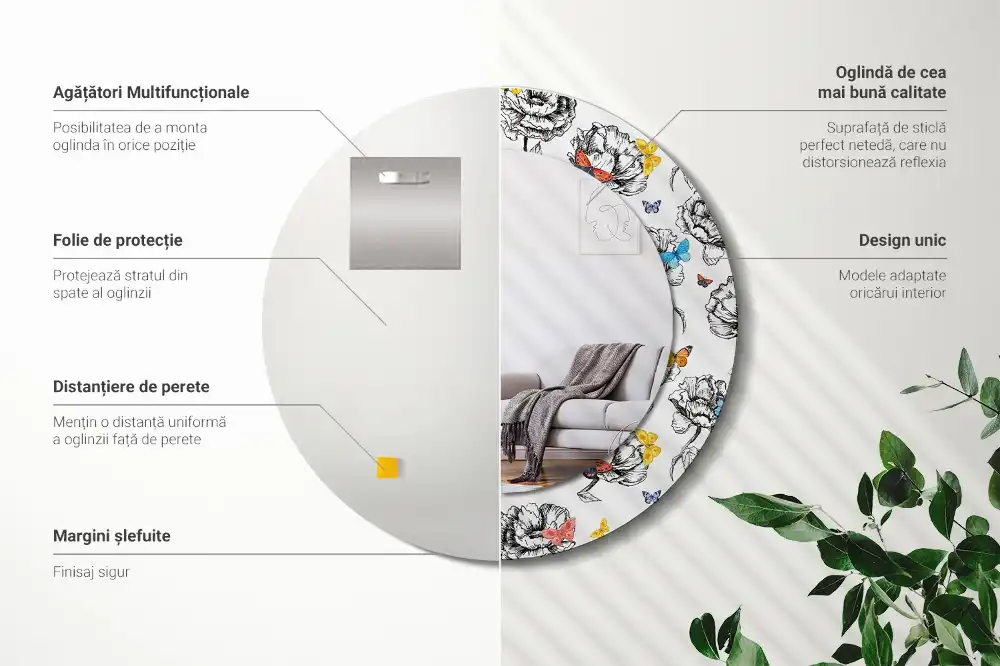Miroir rond cadre avec impression papillons colorés