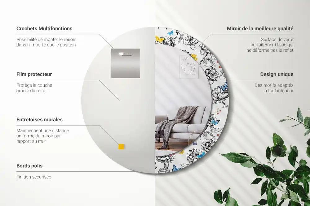 Miroir rond cadre avec impression papillons colorés