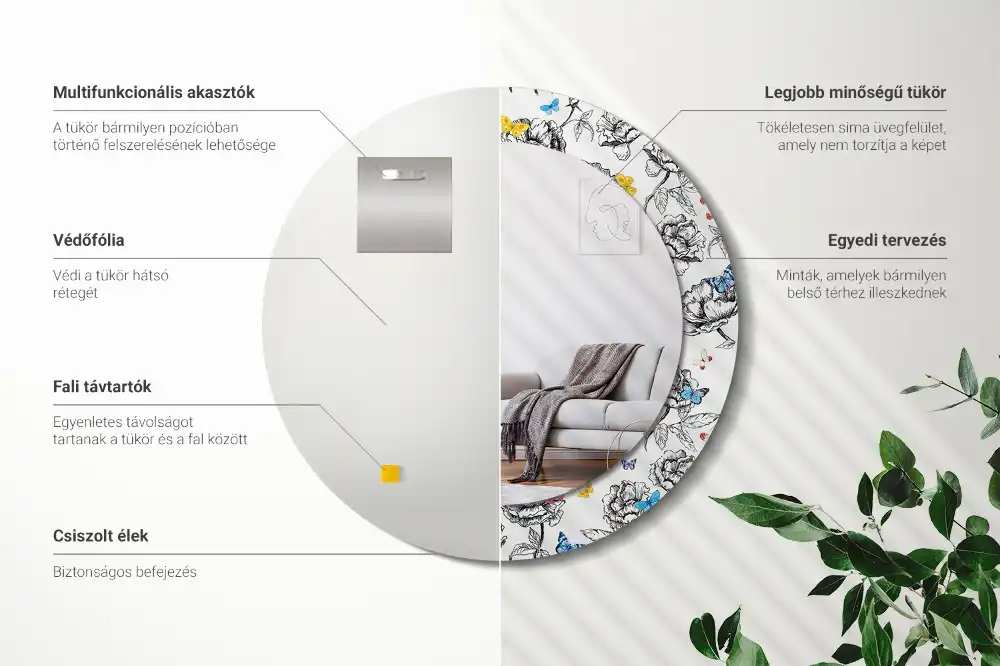 Miroir rond cadre avec impression papillons colorés