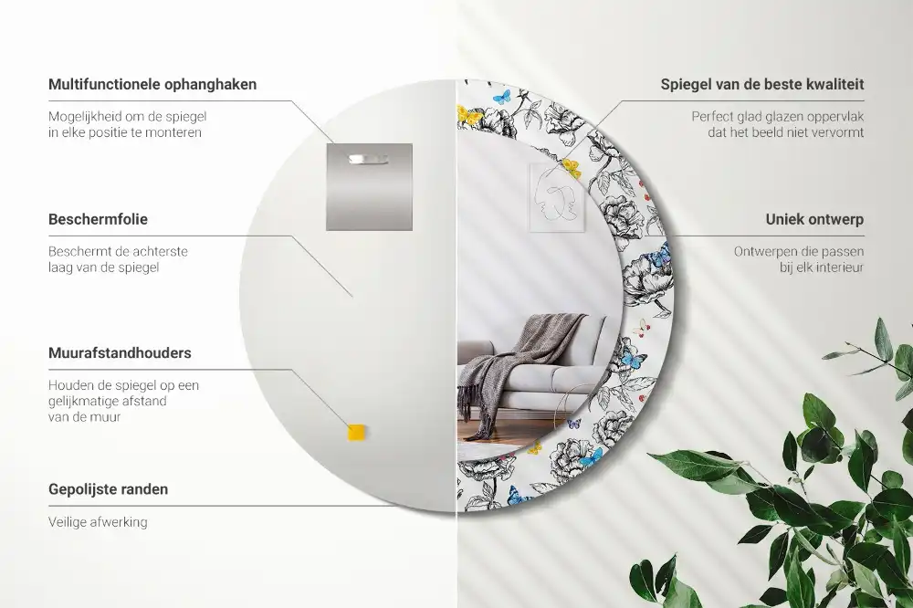 Miroir rond cadre avec impression papillons colorés