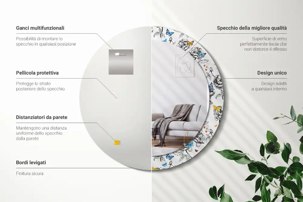 Miroir rond cadre avec impression papillons colorés