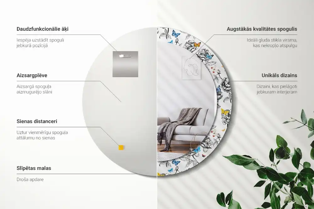 Miroir rond cadre avec impression papillons colorés
