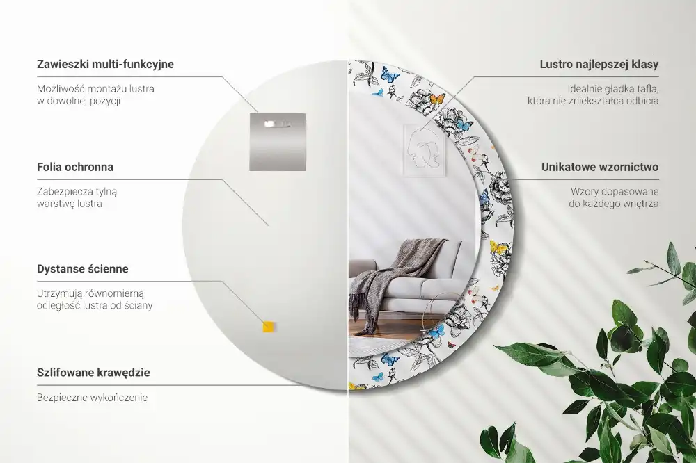 Miroir rond cadre avec impression papillons colorés